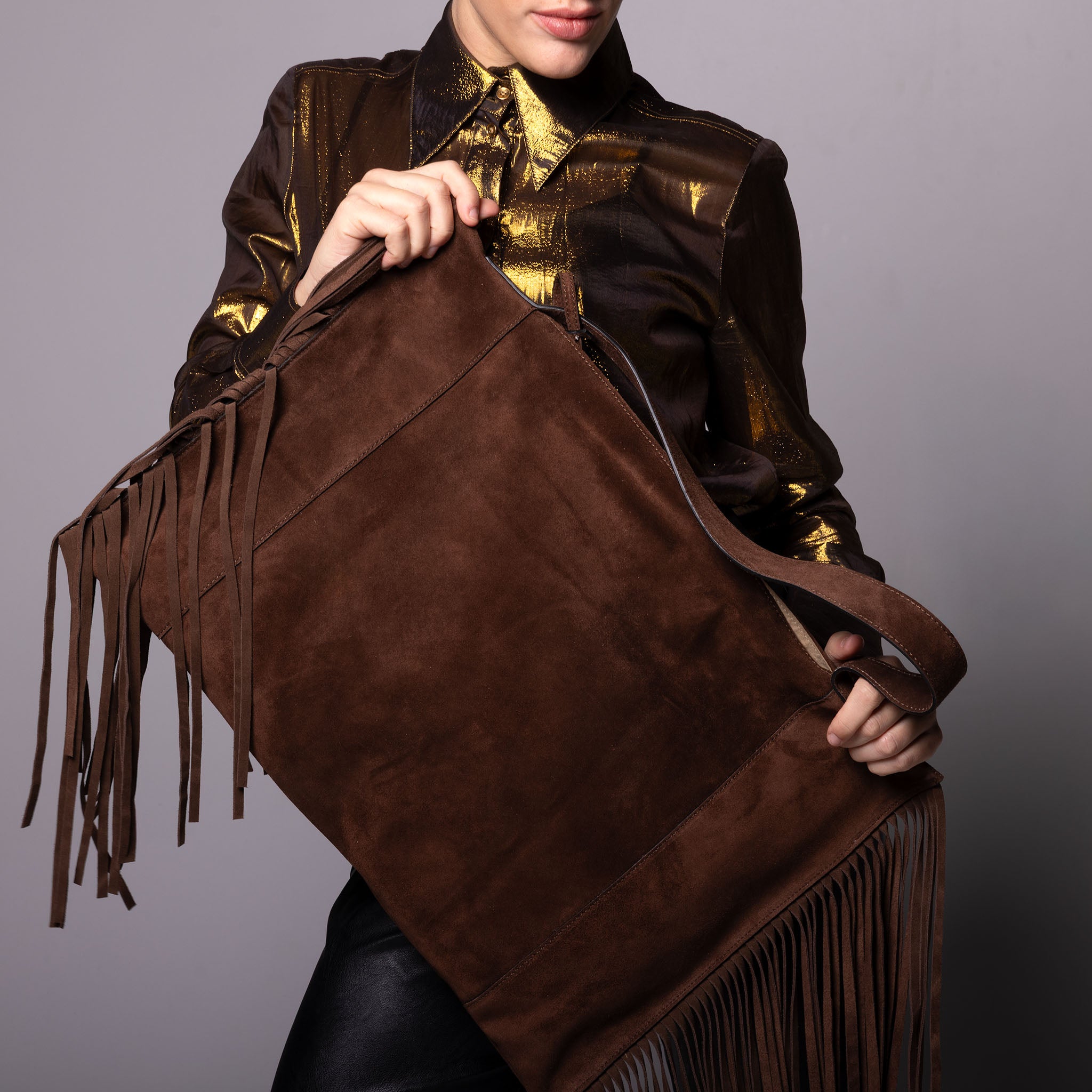 Fedra Maxi Bag Fringe Edition Dark Brown Suede