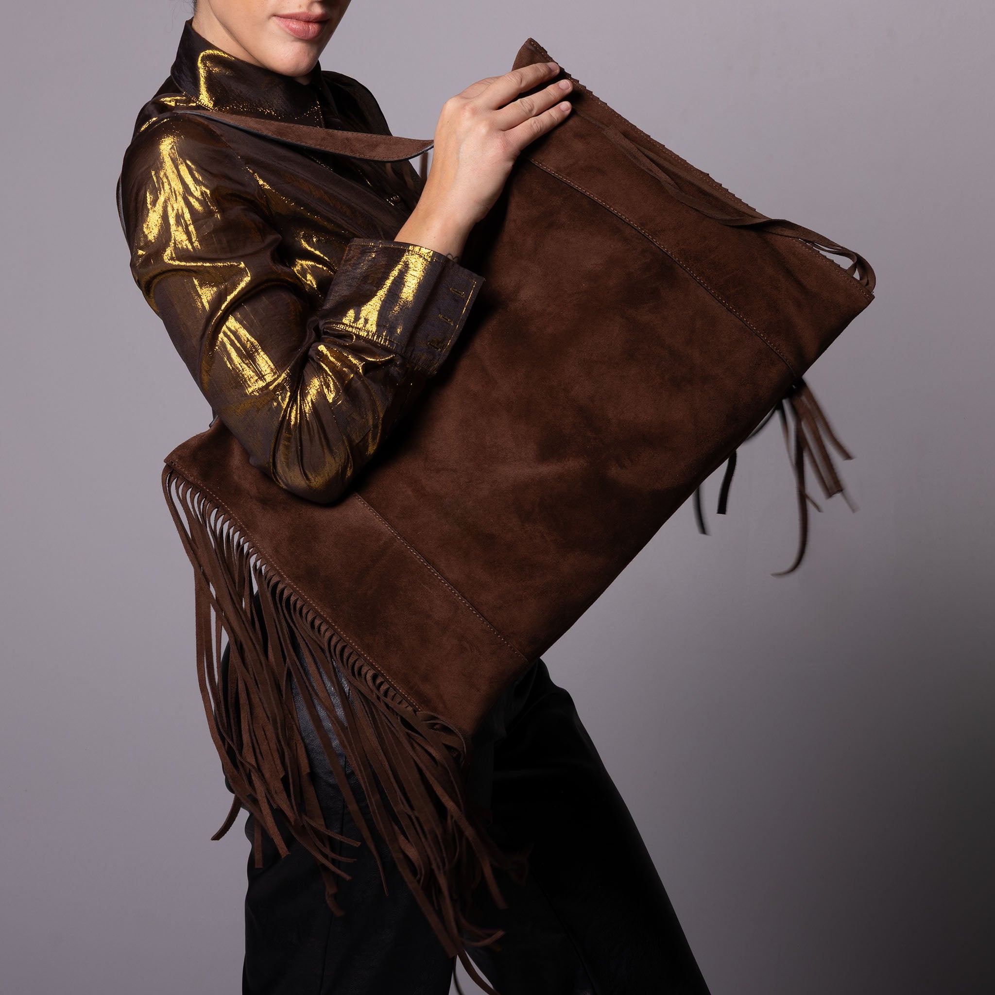Fedra Maxi Bag Fringe Edition Dark Brown Suede