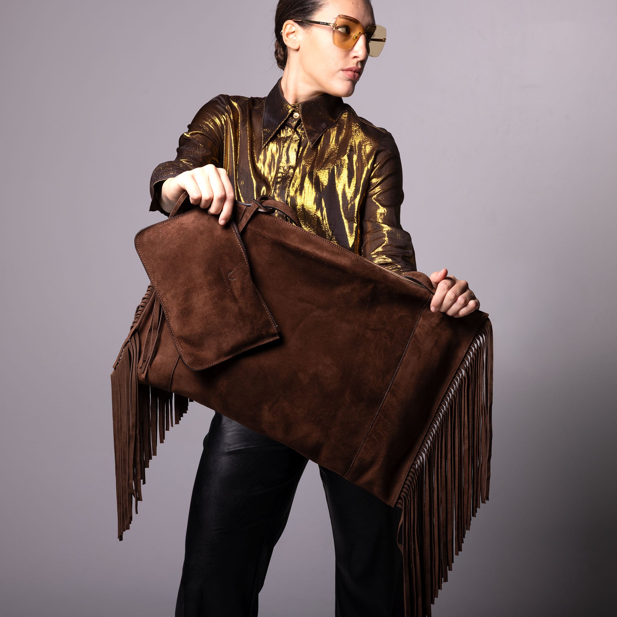 Fedra Maxi Bag Fringe Edition Dark Brown Suede