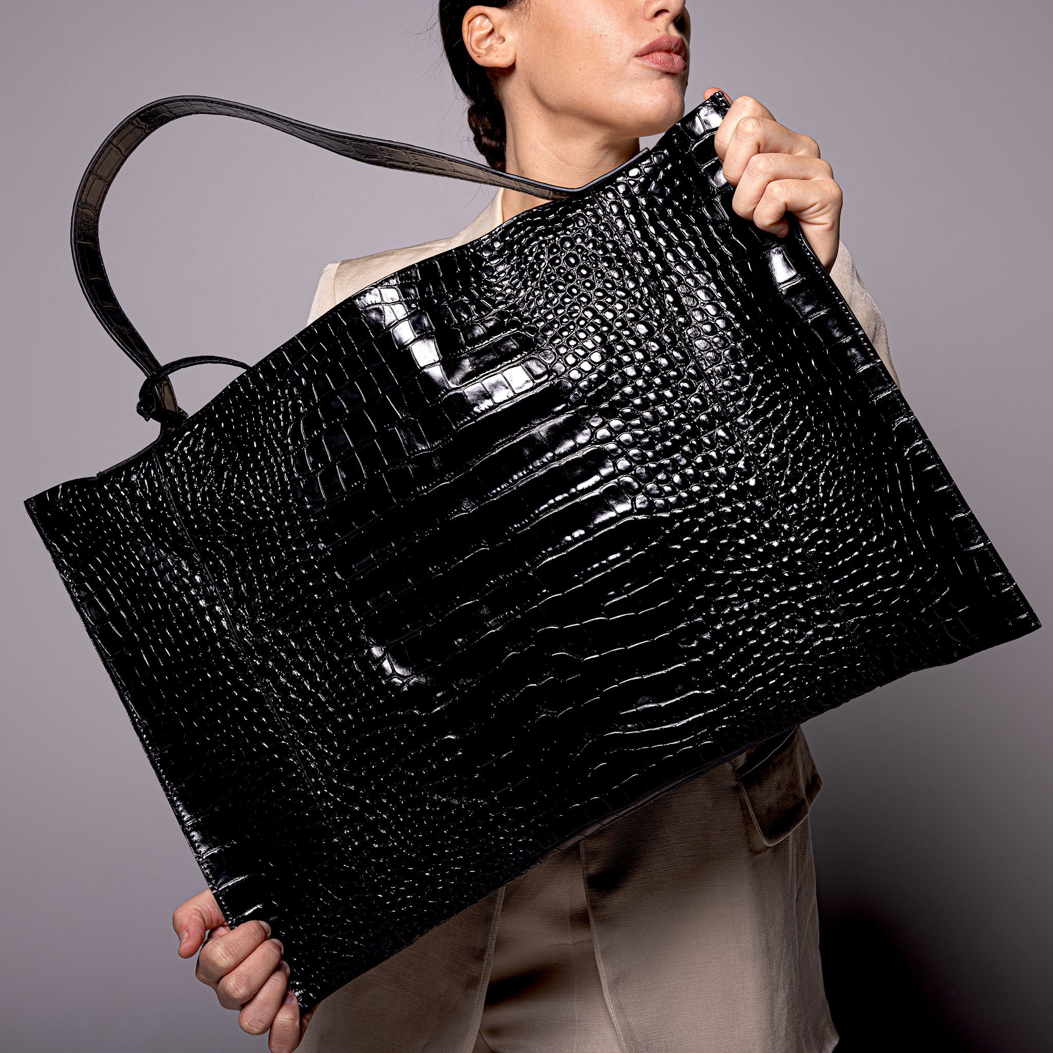 Fedra Maxi Leather Bag Black croc