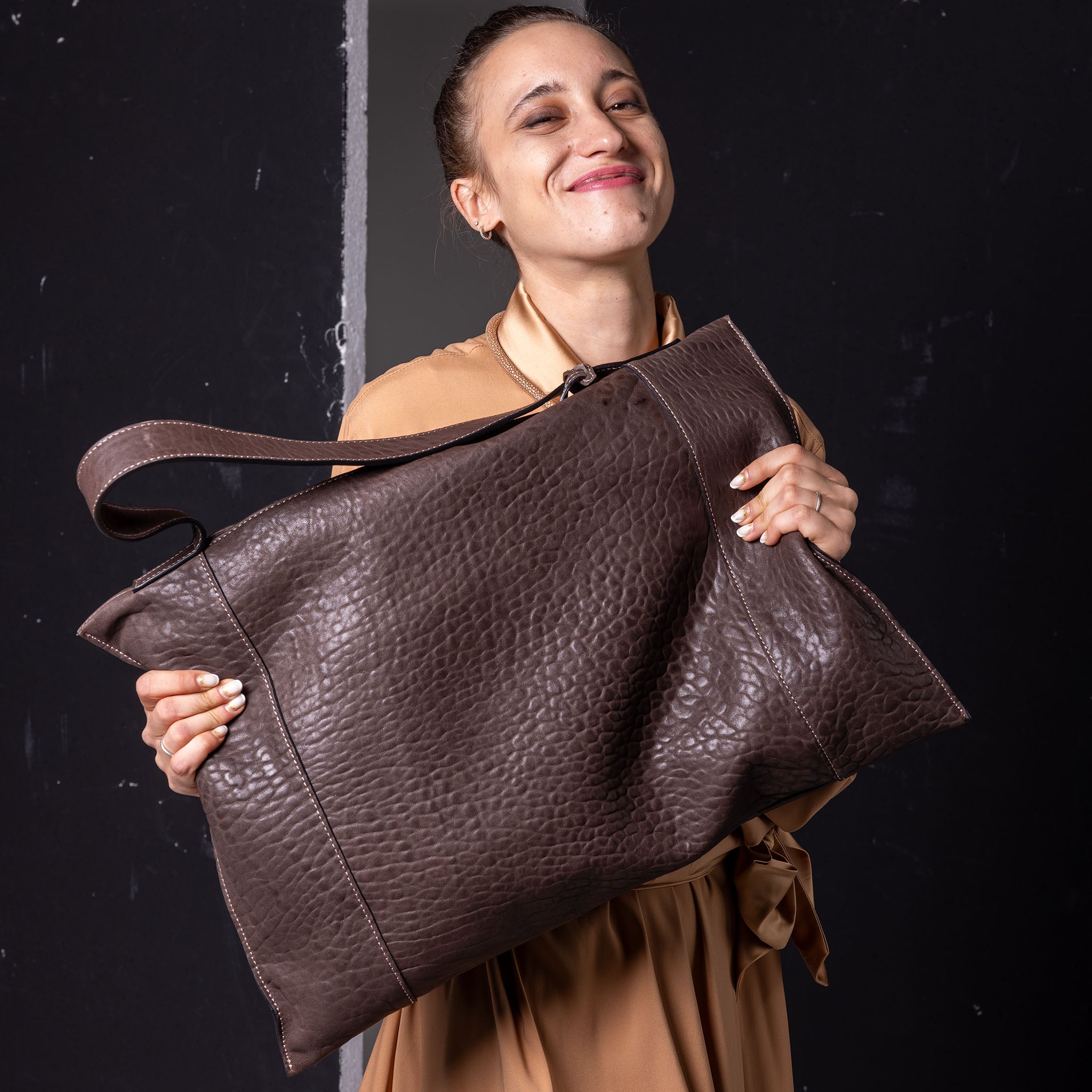Fedra Maxi Bag Espresso Ruched Leather