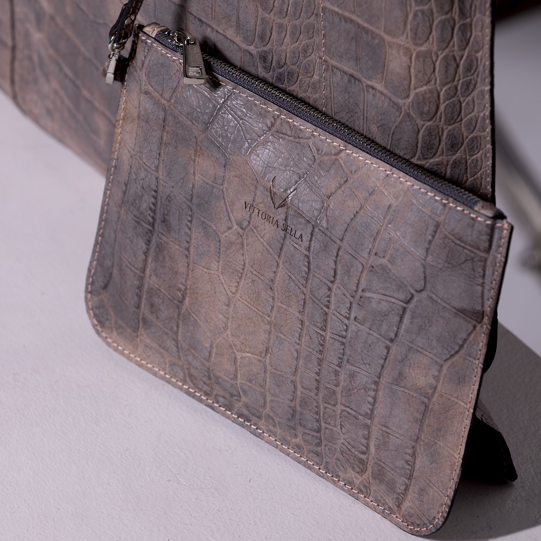 Fedra Maxi Bag in Rose Smoke croc-embossed calfskin