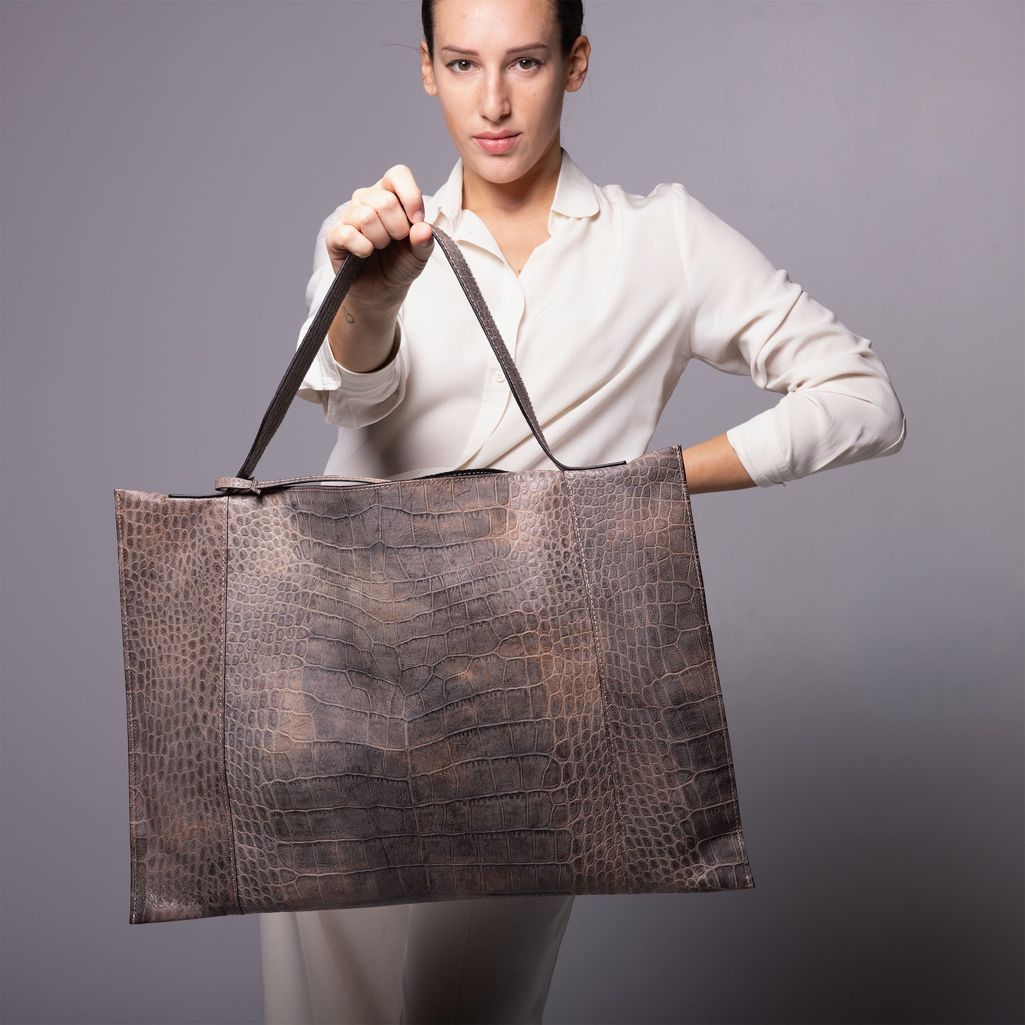 Fedra Maxi Bag in Rose Smoke croc-embossed calfskin