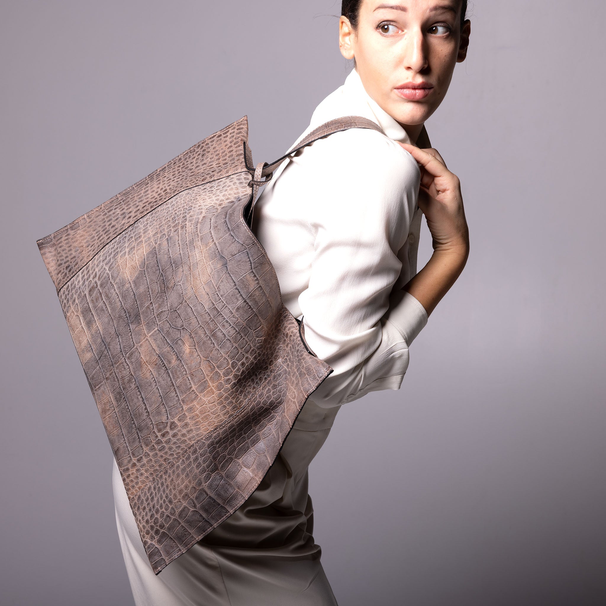 Fedra Maxi Bag in Rose Smoke croc-embossed calfskin