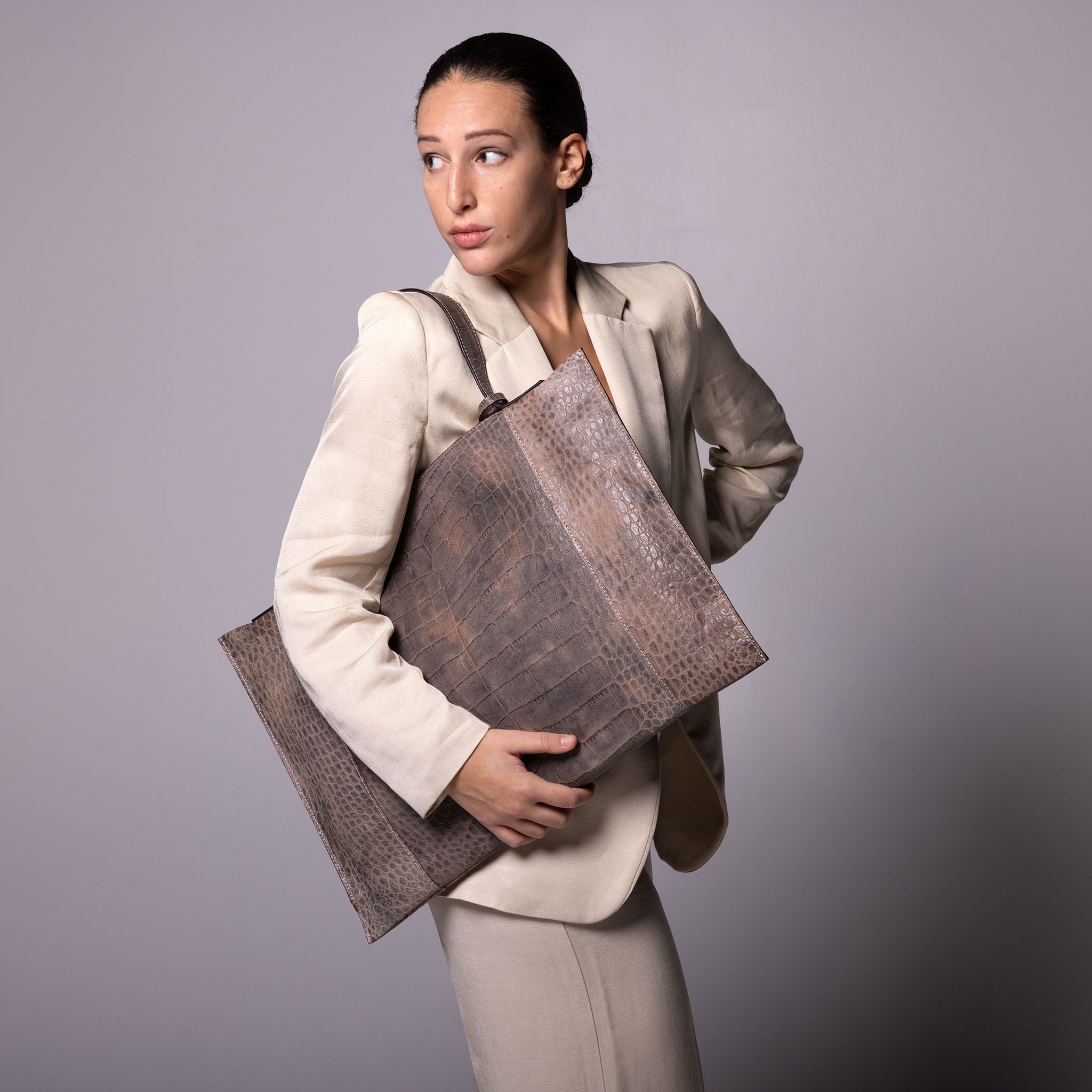 Fedra Maxi Bag in Rose Smoke croc-embossed calfskin