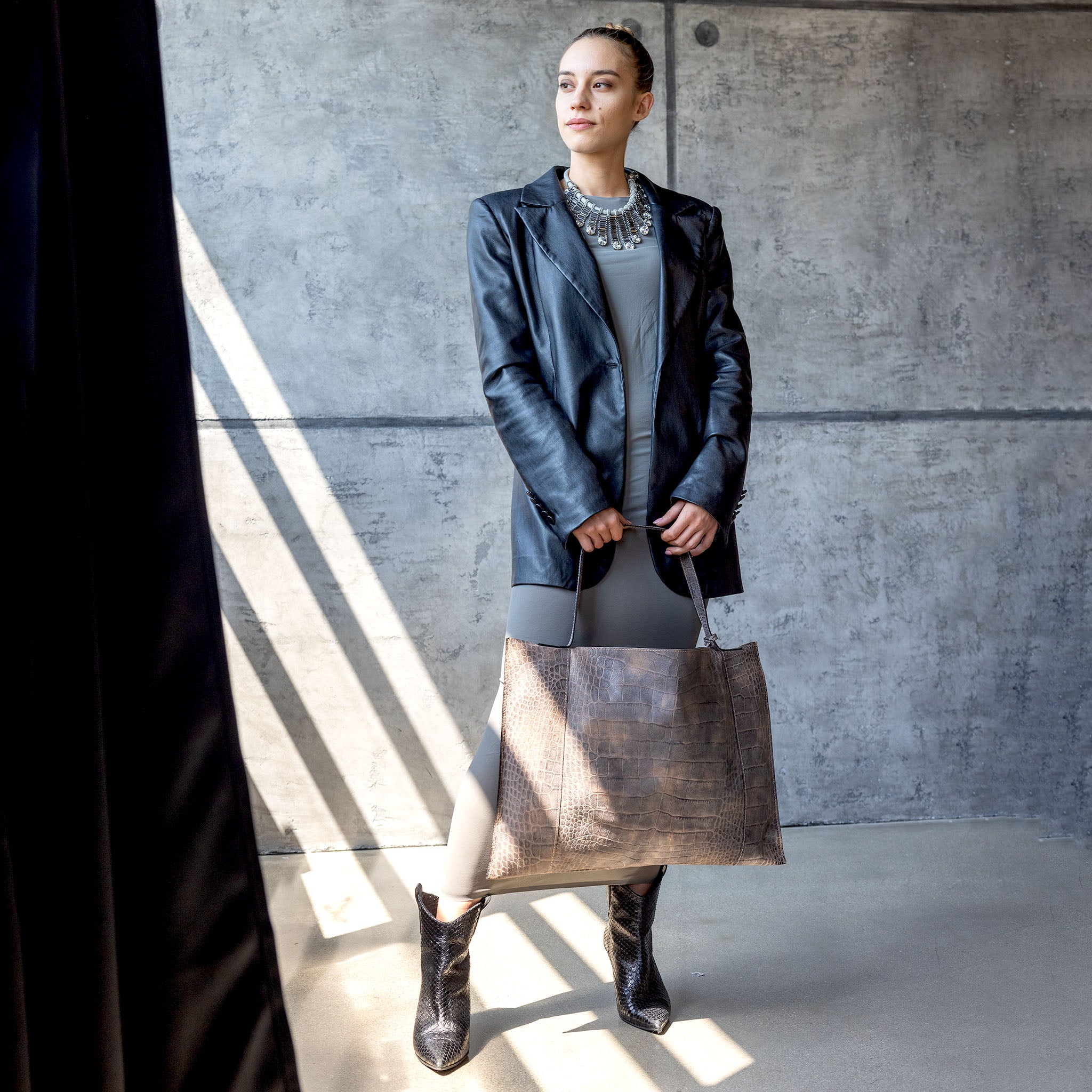 Fedra Maxi Bag in Rose Smoke croc-embossed calfskin