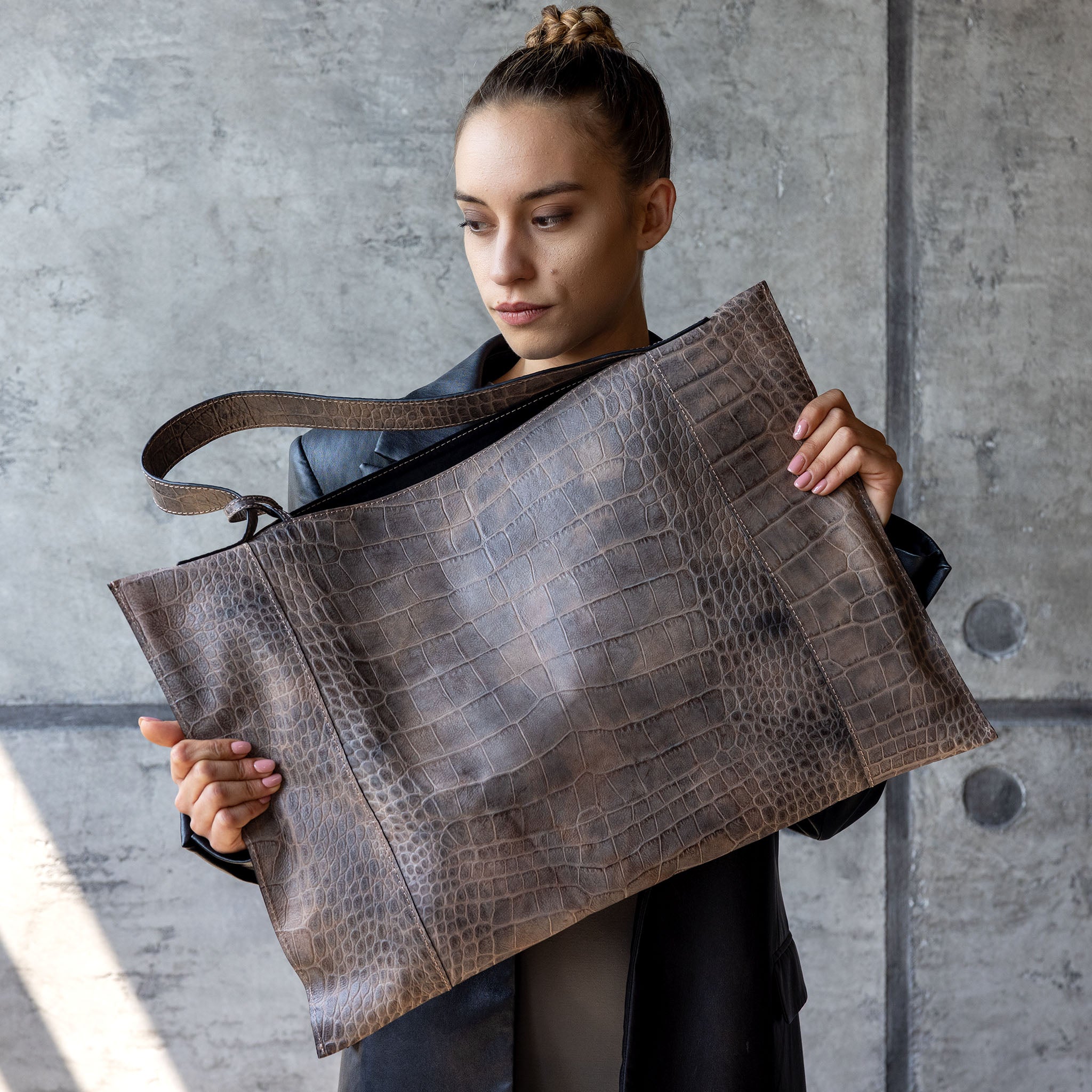 Fedra Maxi Bag in Rose Smoke croc-embossed calfskin