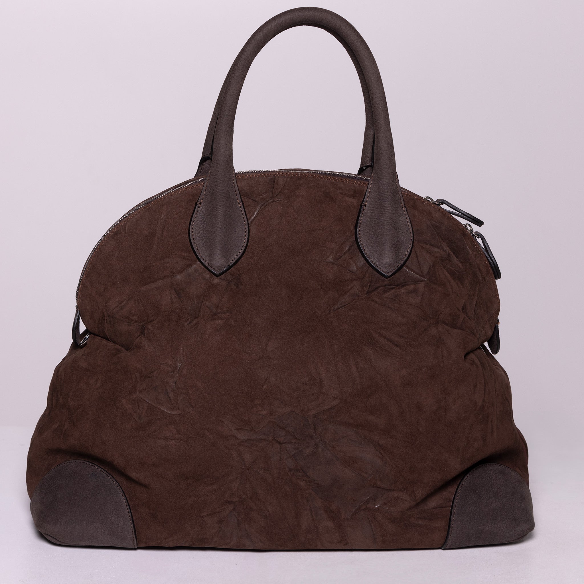 Vesta Maxi Tote Chestnut front view in brown nubuck-finish calfskin with contrasting textures