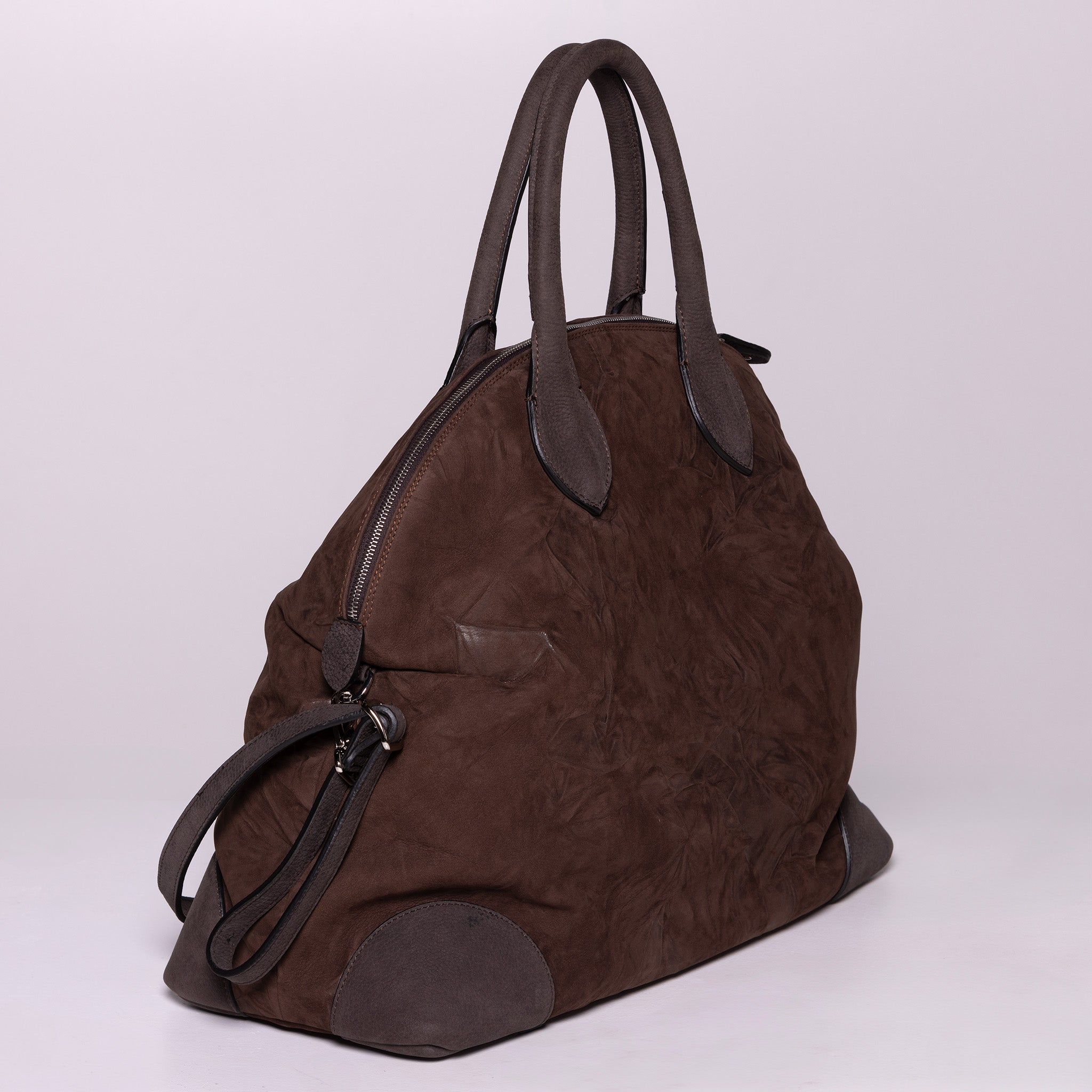 Vesta Maxi Tote Chestnut side view in brown nubuck-finish calfskin with contrasting textures