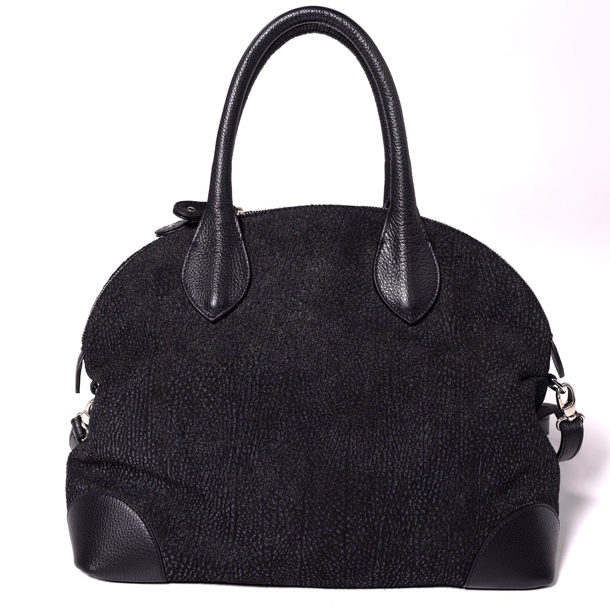 Vesta Tote Black Dotted front view in black cowhide leather with dotted-effect finish