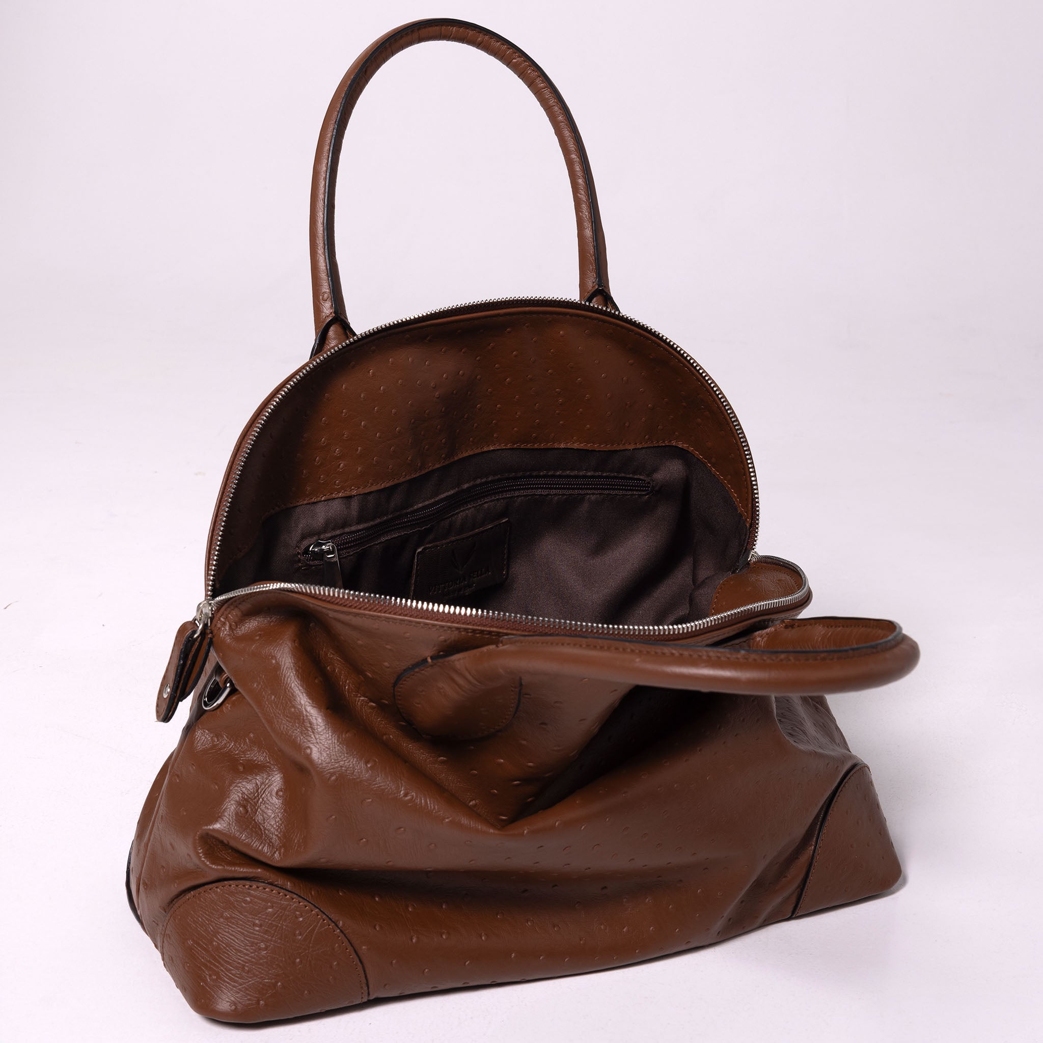 Vesta Tote Brown inside view in ostrich-effect brown calfskin