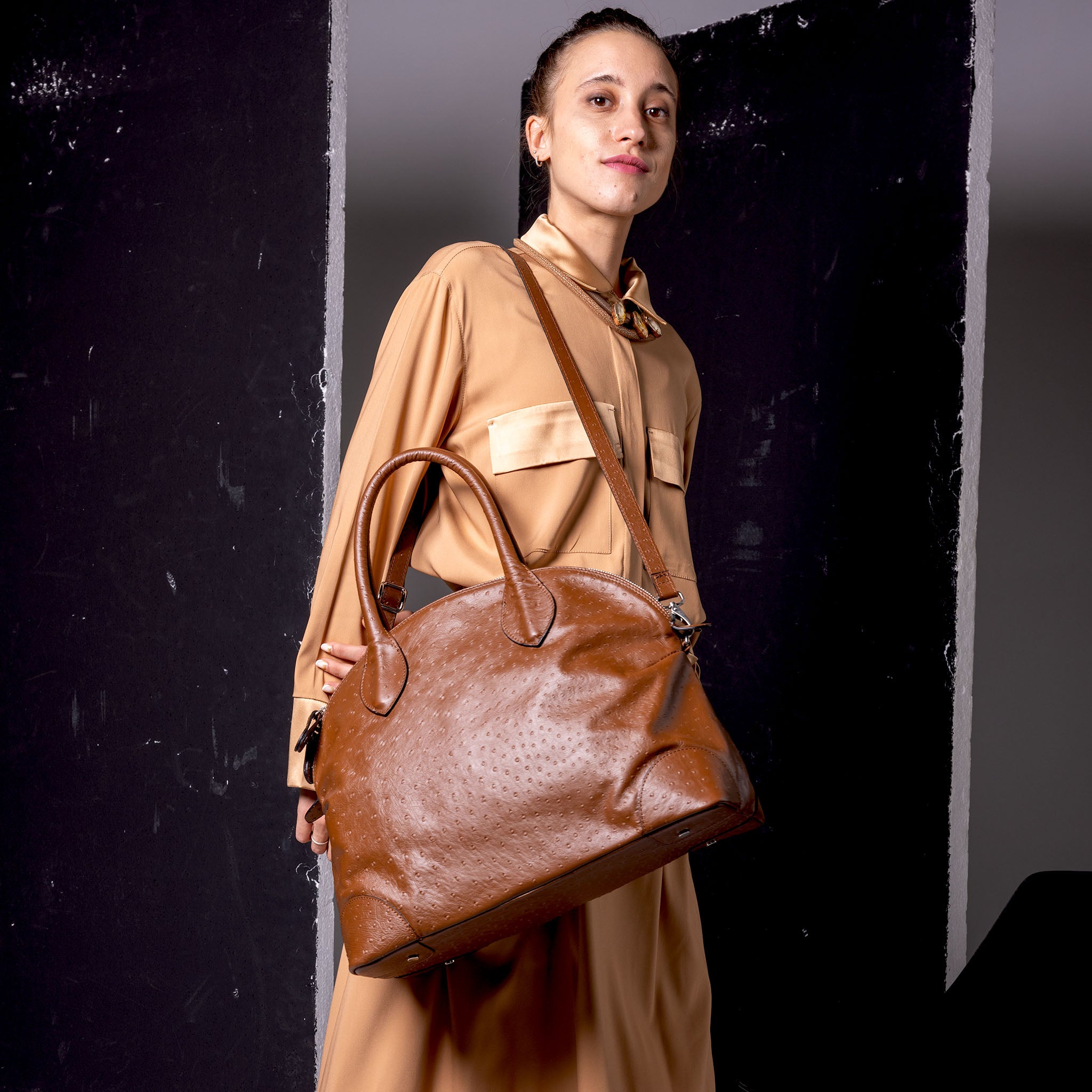 Vesta Tote Brown worn in ostrich-effect brown calfskin