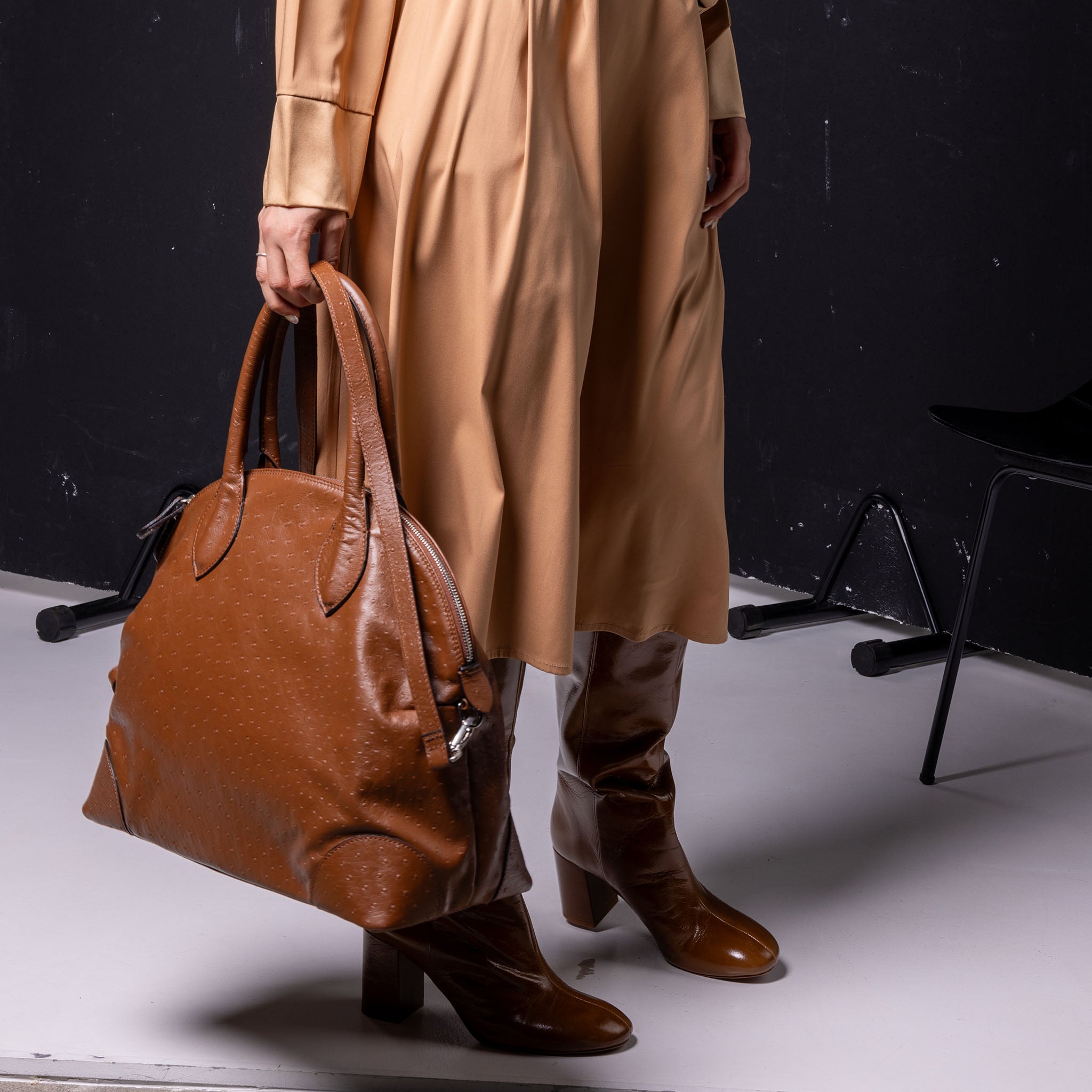 Vesta Tote Brown worn in ostrich-effect brown calfskin