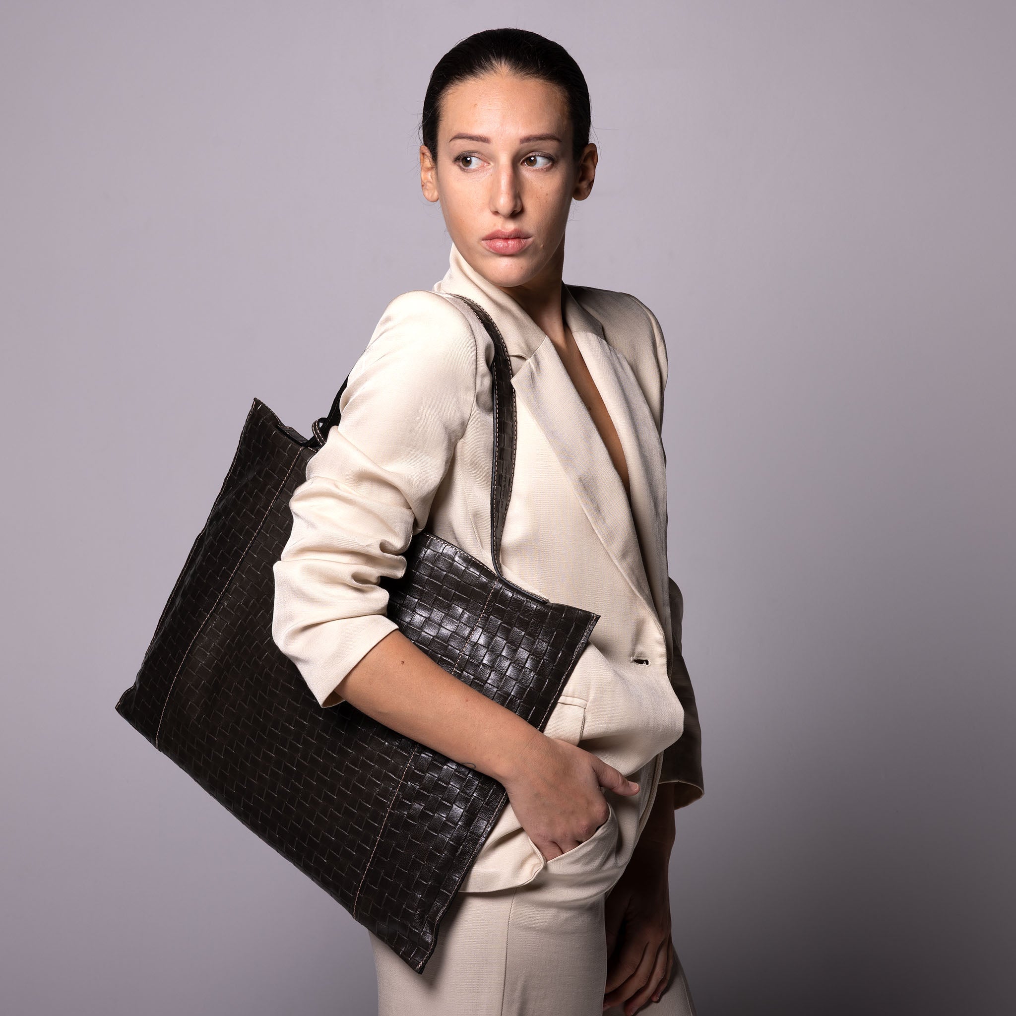 Fedra Maxi Bag in Graphite Weave woven-embossed calfskin