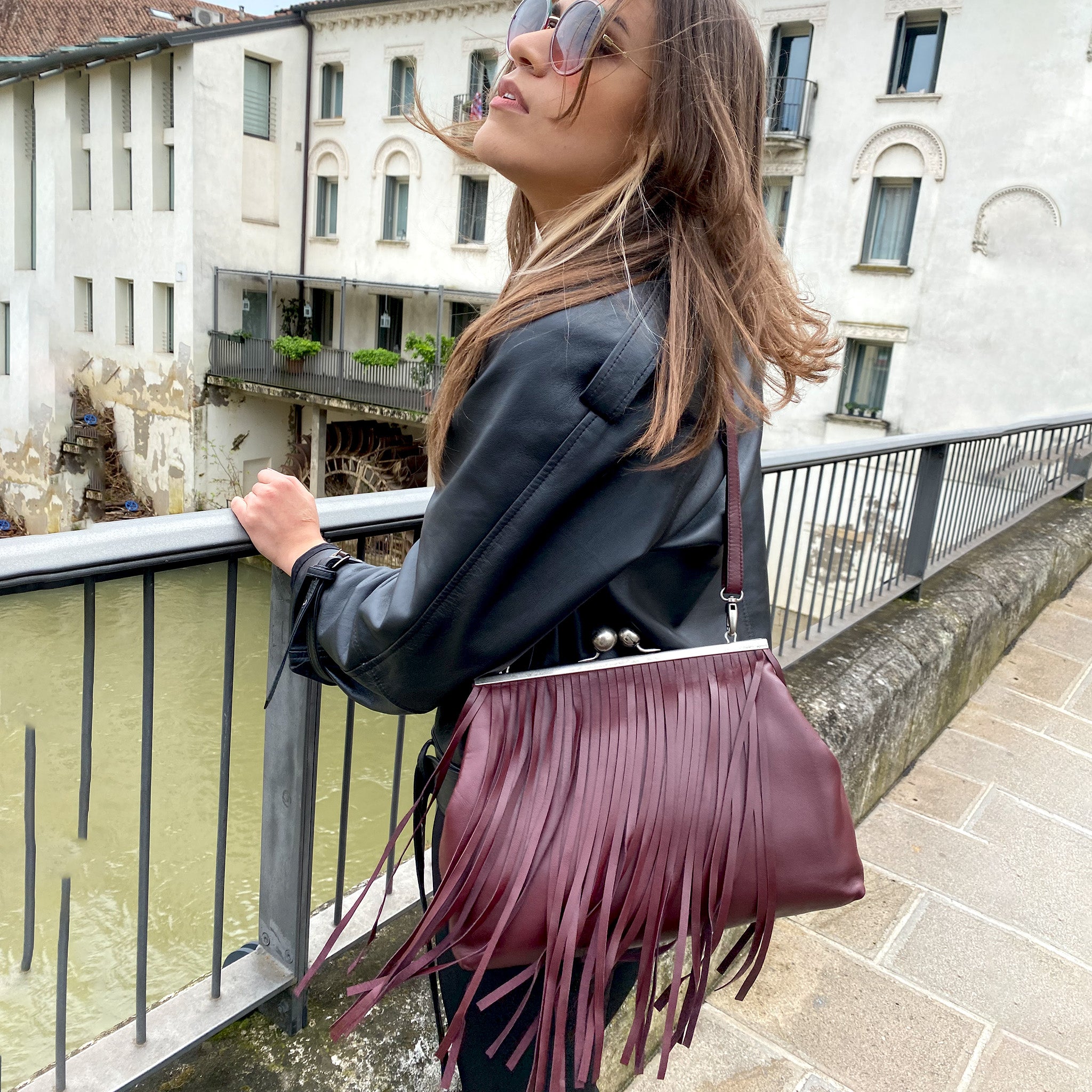 Burgundy Leather Fringe Side Bag with Raw Edge Metallic Champagne Fringe, Leather offers Fringe Cross Body Bag and Convertible Wristlet Purse