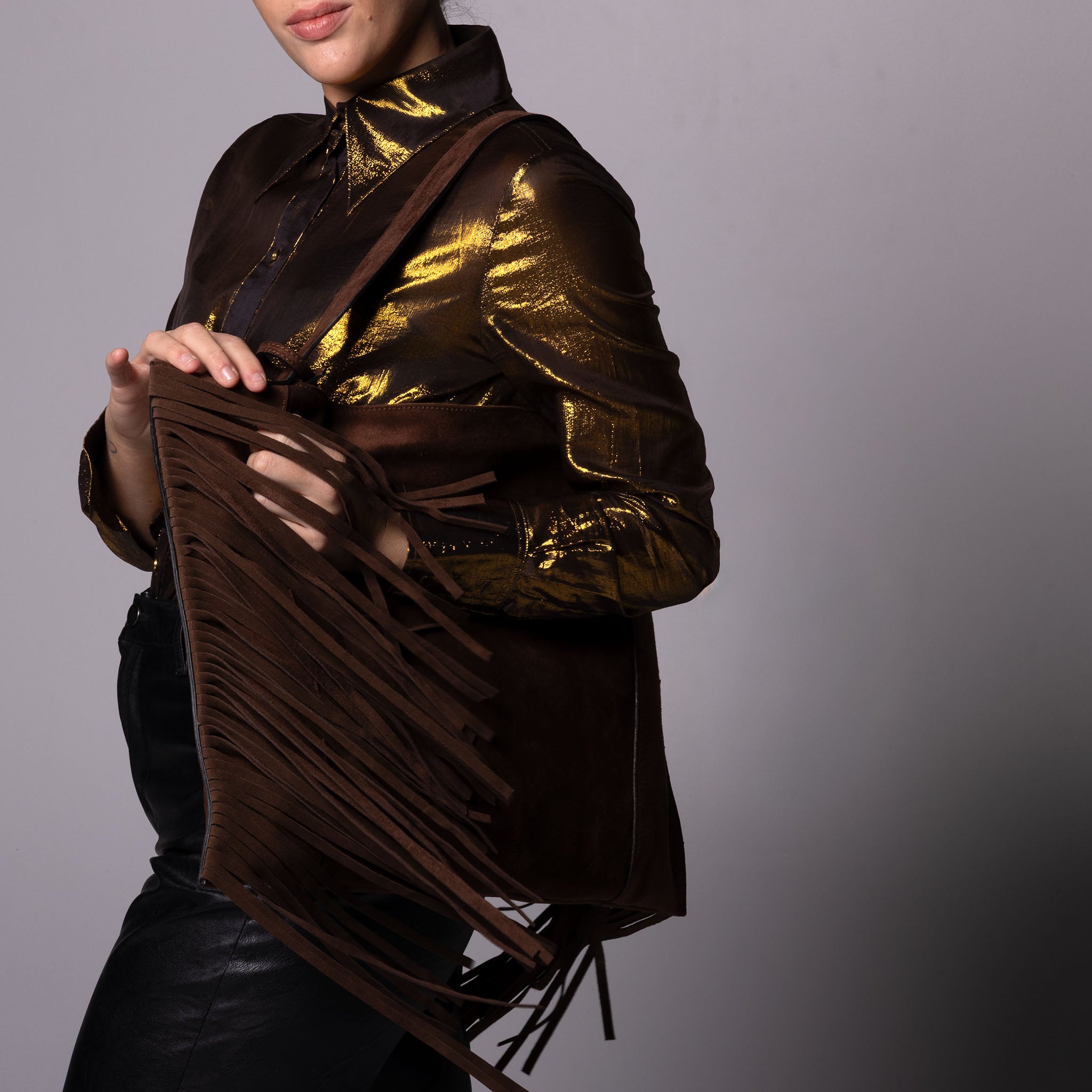 Fedra Maxi Bag Fringe Edition Dark Brown Suede