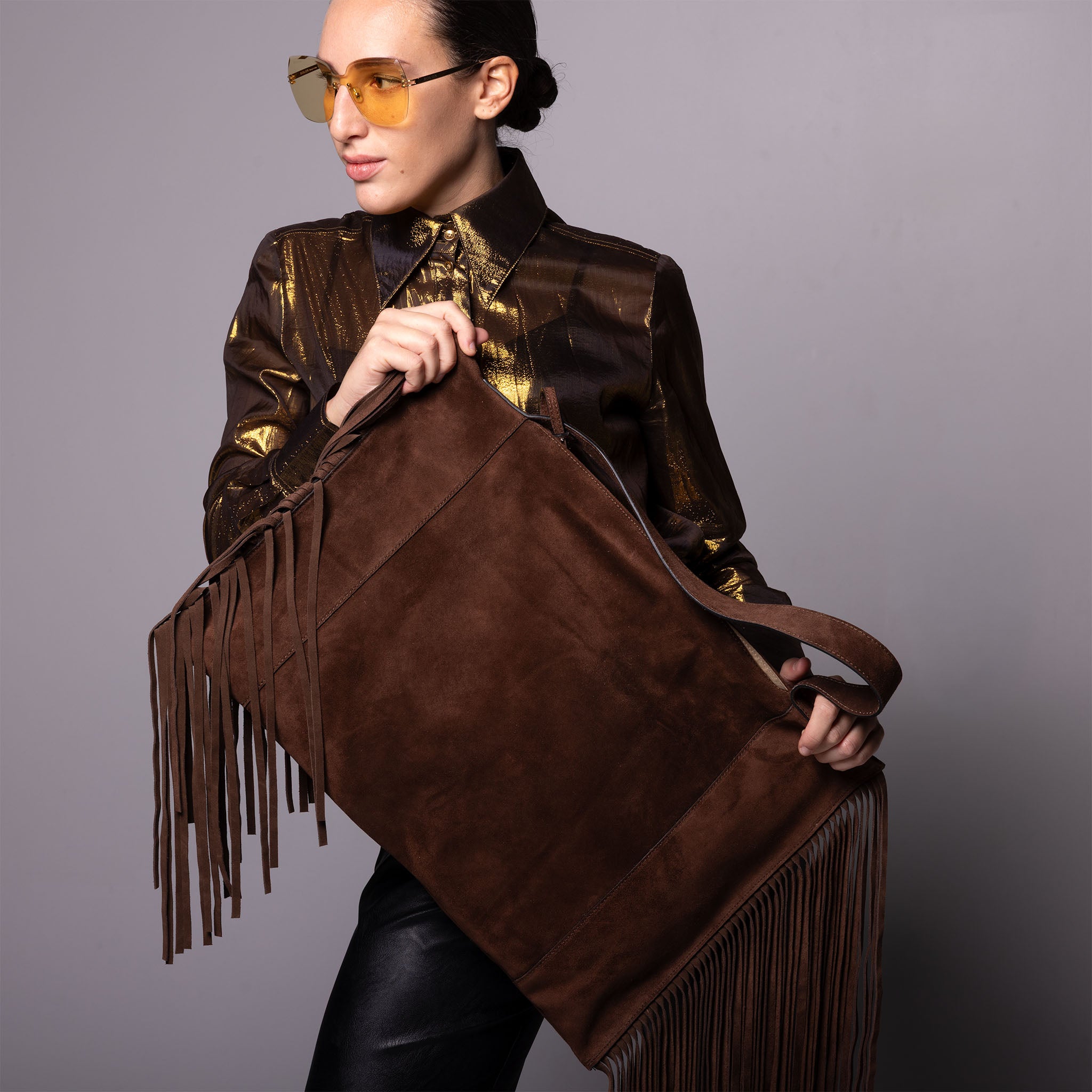 Fedra Maxi Bag Fringe Edition Dark Brown Suede