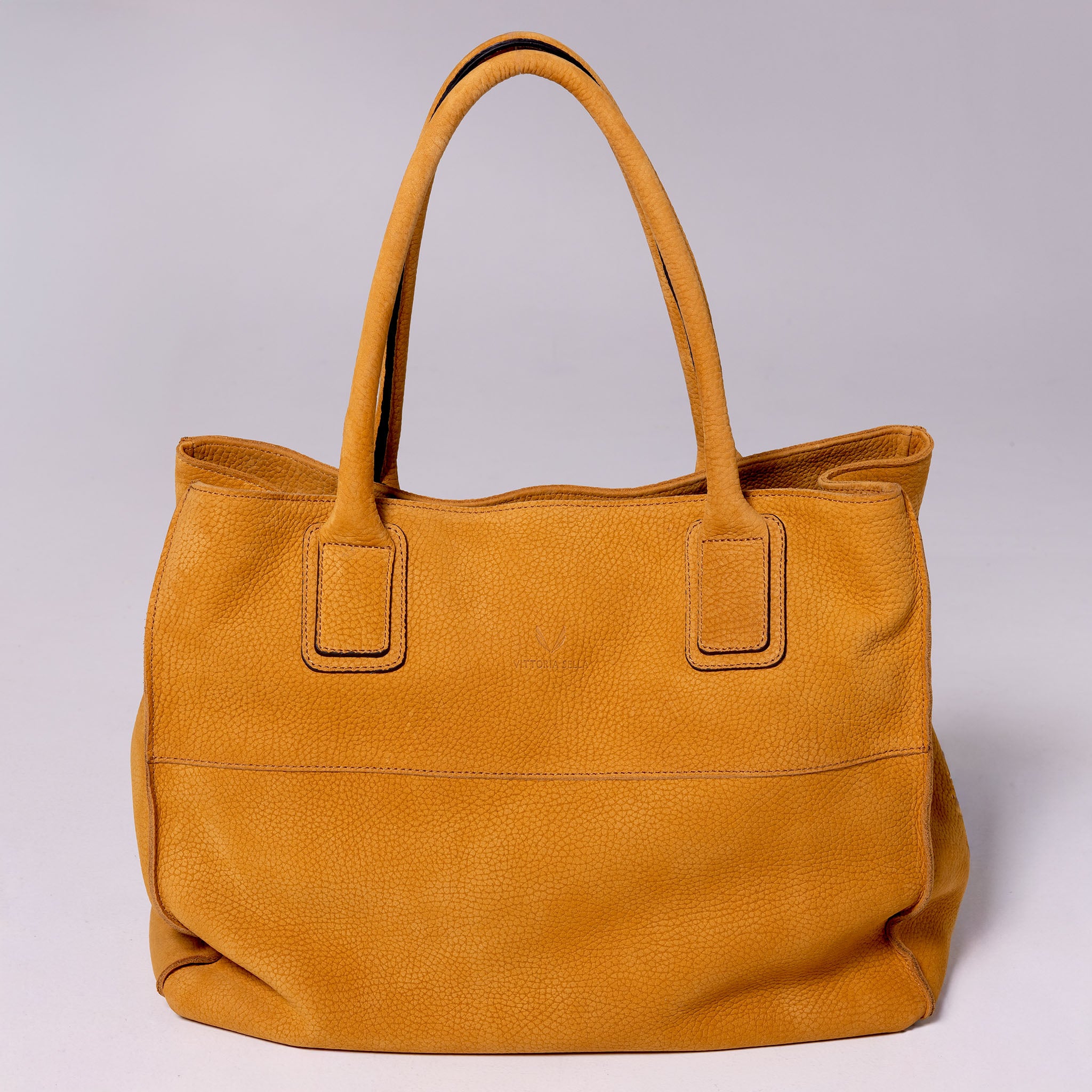 Vittoria Sella Emma Mustard tote bag in Italian nubuck cowhide leather, view: front
