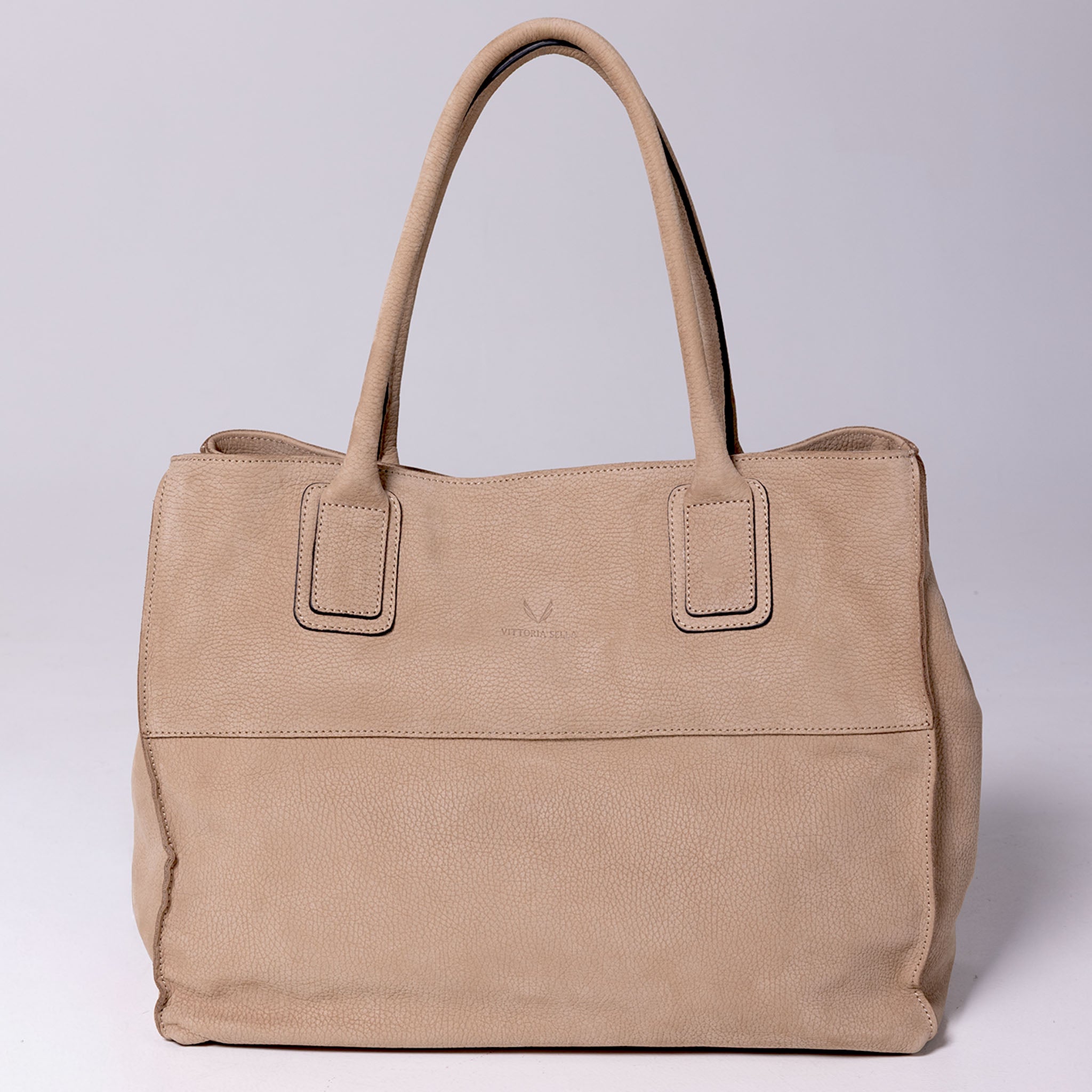 Vittoria Sella Emma Taupe tote bag in Italian nubuck cowhide leather, view: front