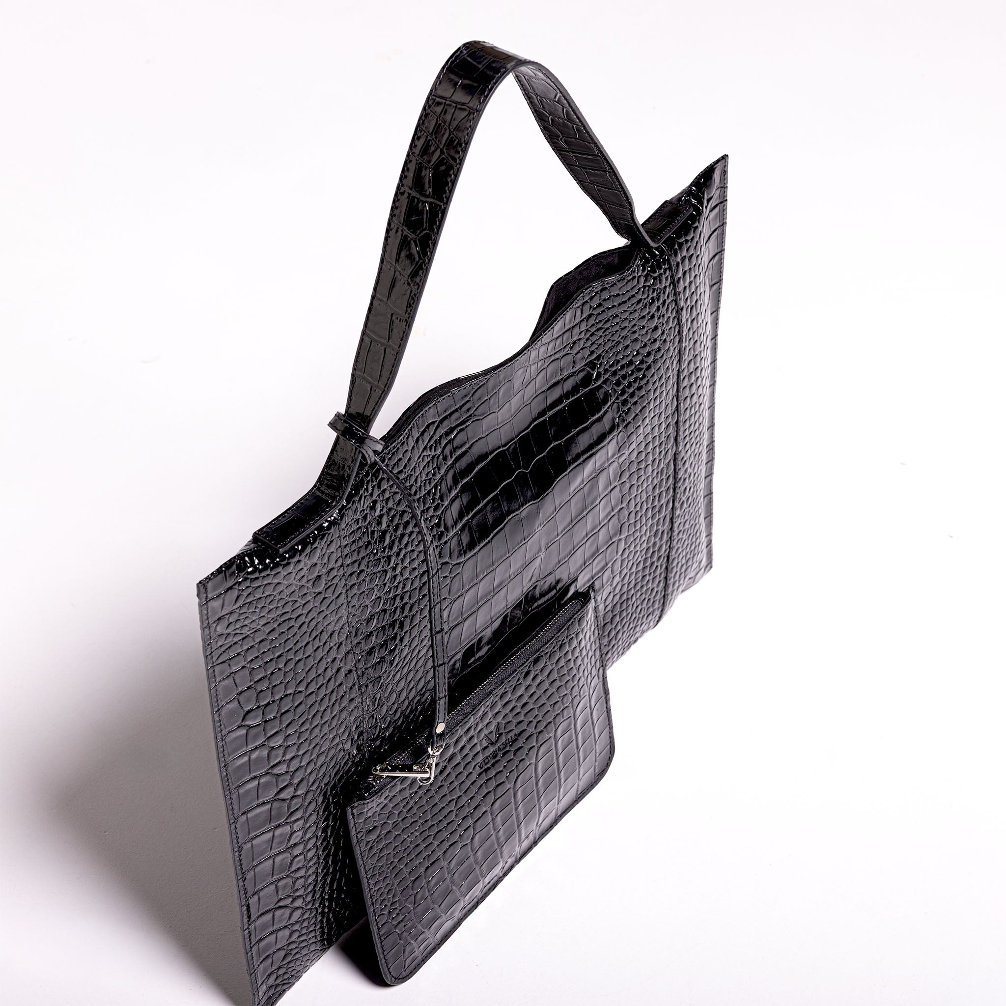 Fedra Maxi Leather Bag Black croc