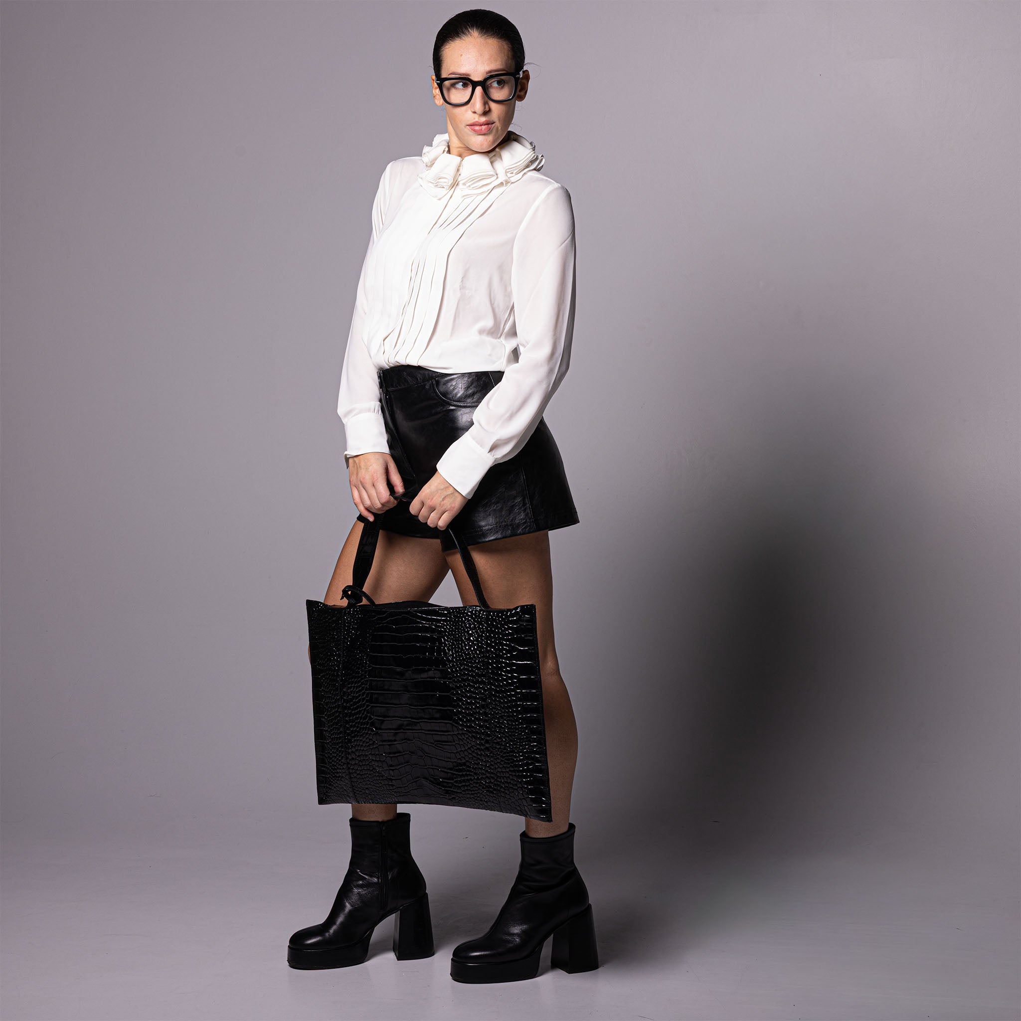 Fedra Maxi Leather Bag Black croc