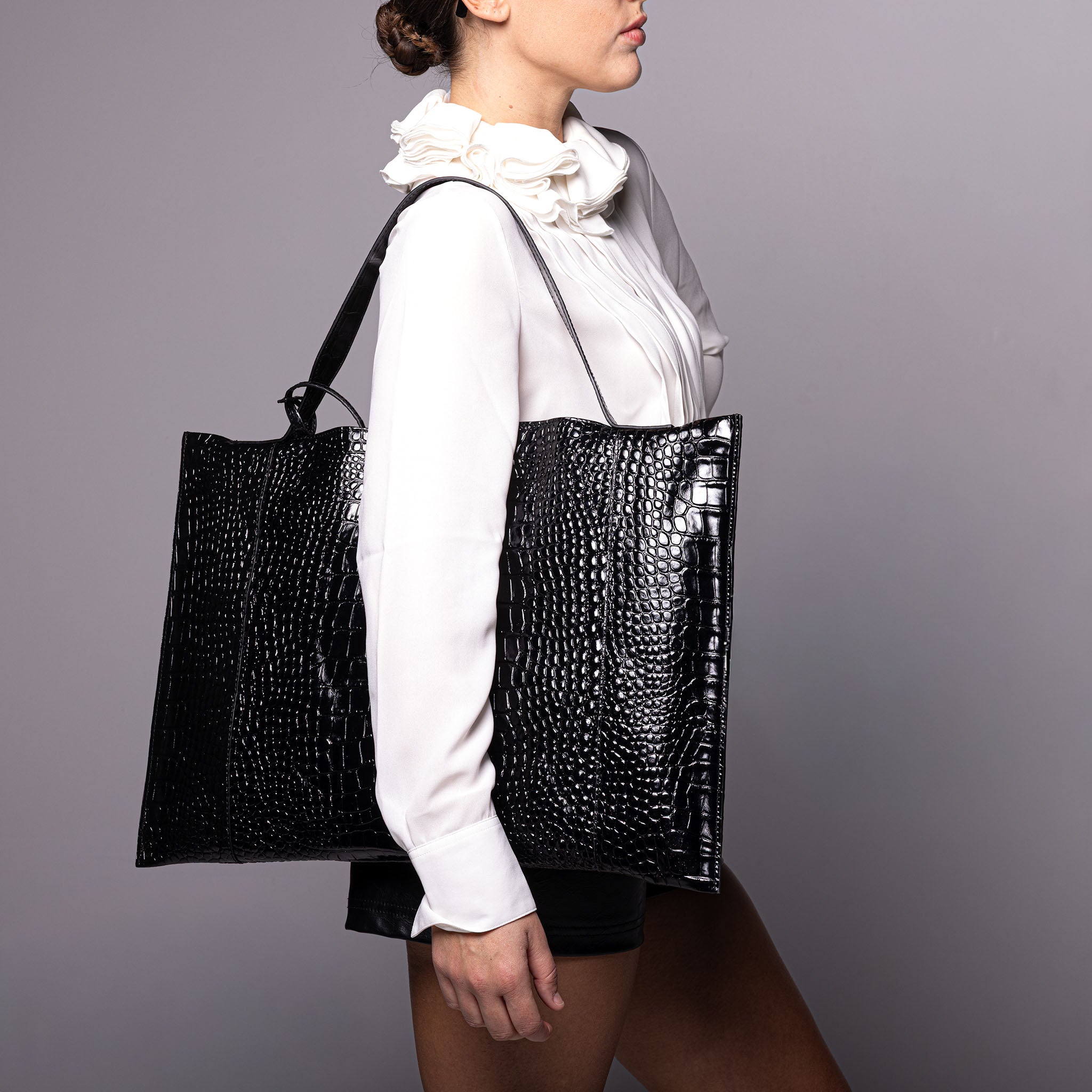 Fedra Maxi Leather Bag Black croc