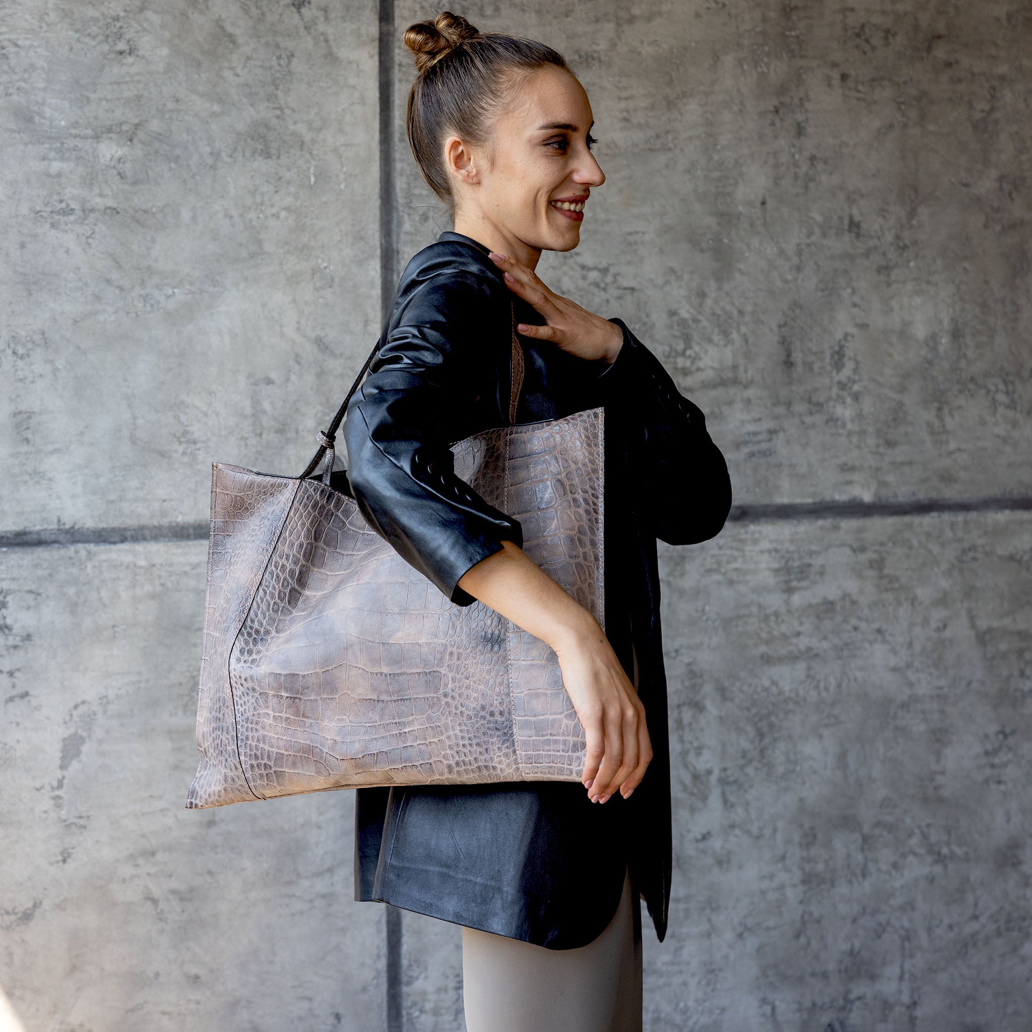 Fedra Maxi Bag Rose Smoke  Croc Embossed
