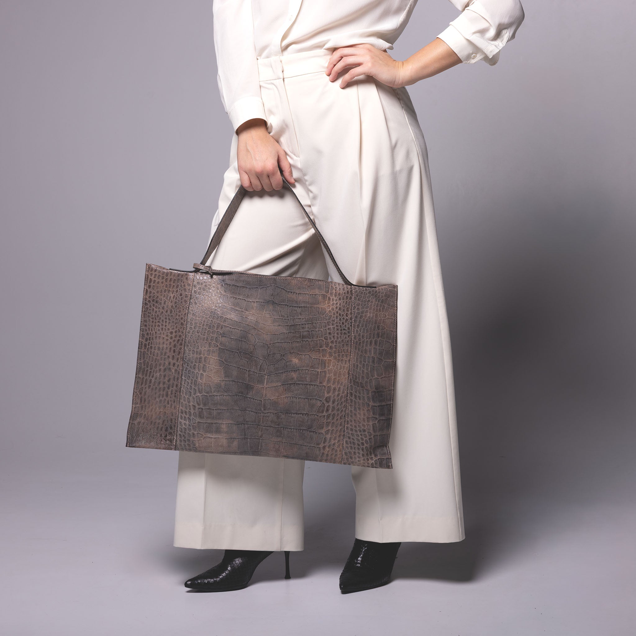 Fedra Maxi Bag in Rose Smoke croc-embossed calfskin