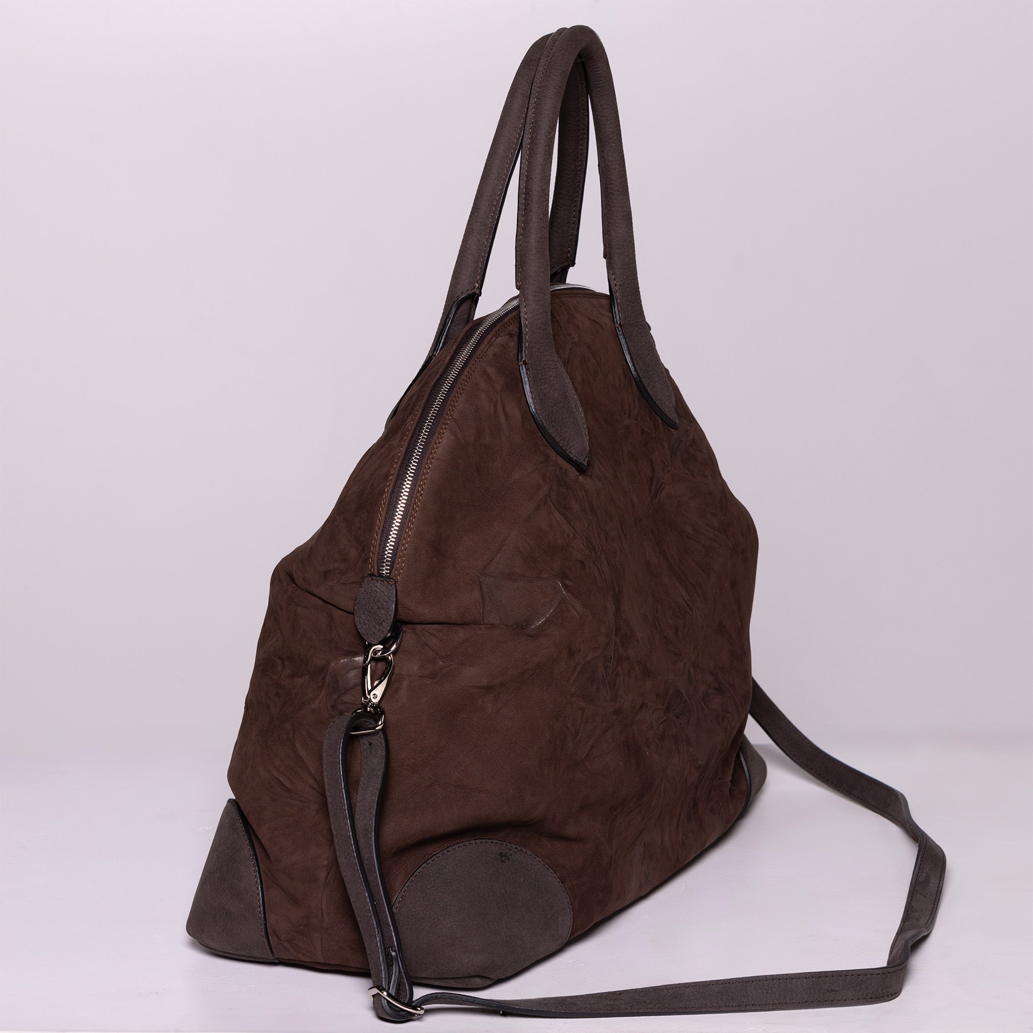 Vesta Maxi Tote Chestnut side view in brown nubuck-finish calfskin with contrasting textures