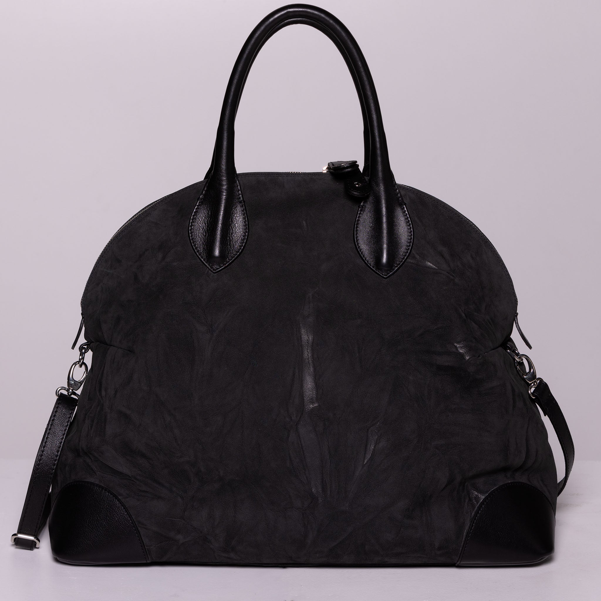 Vesta Maxi Tote Ebony front view in black nubuck-effect leather with contrasting textures