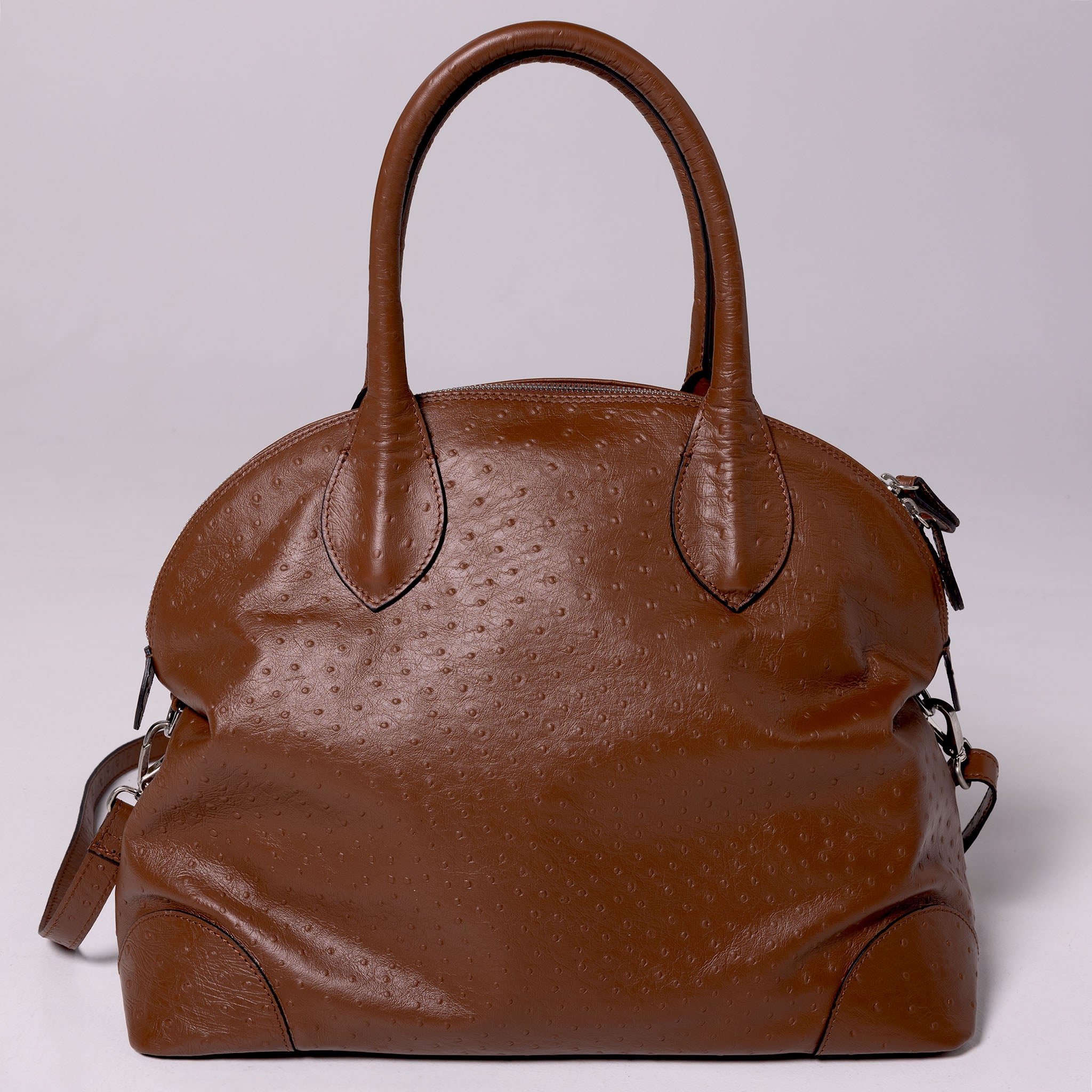 Vesta Tote Brown front view in ostrich-effect brown calfskin