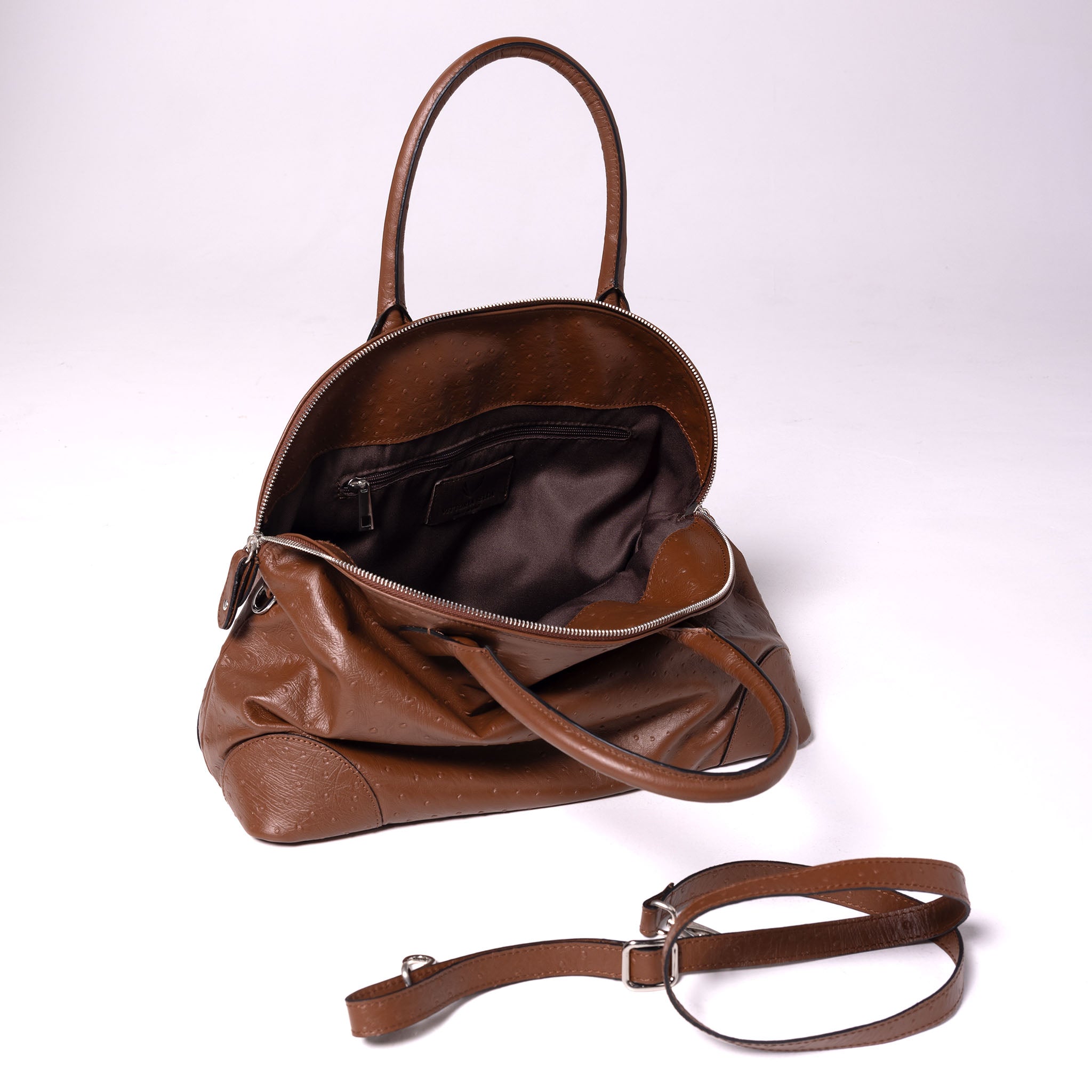 Vesta Tote Brown inside view in ostrich-effect brown calfskin
