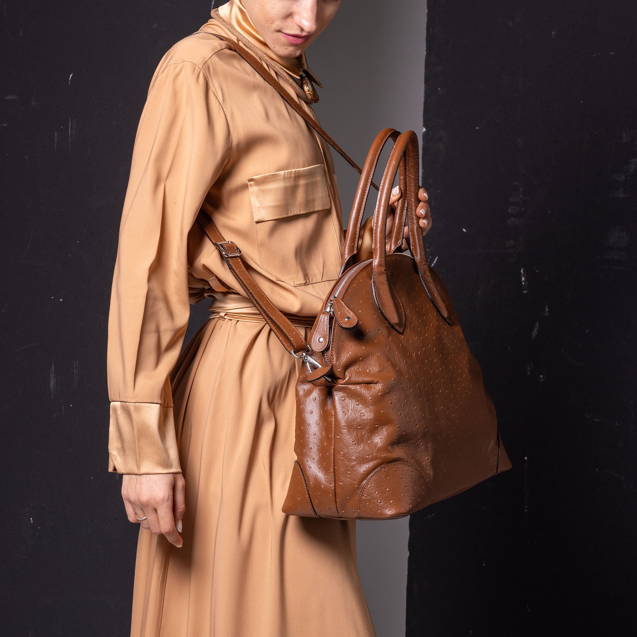 Vesta Tote Brown worn in ostrich-effect brown calfskin