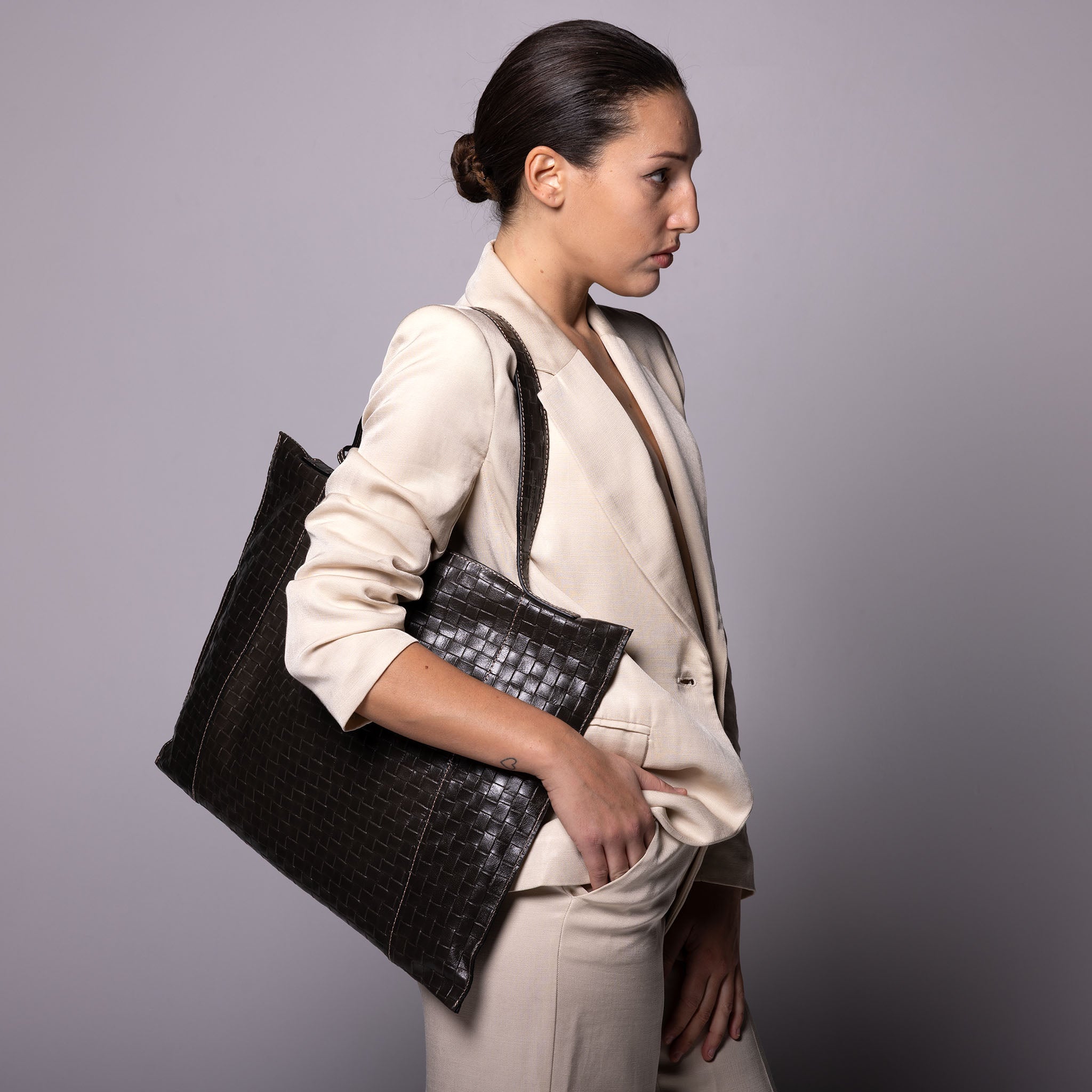 Fedra Maxi Bag in Graphite Weave woven-embossed calfskin