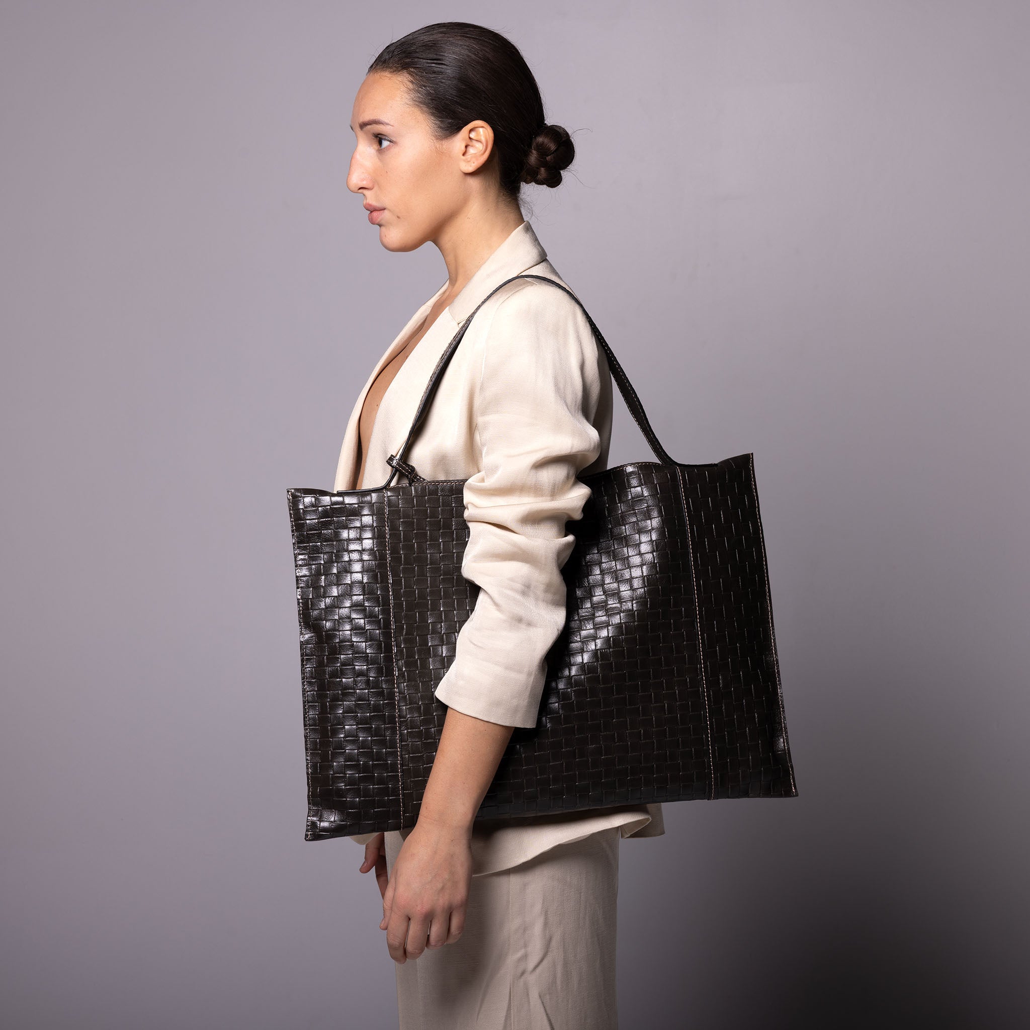 Fedra Maxi Bag in Graphite Weave woven-embossed calfskin